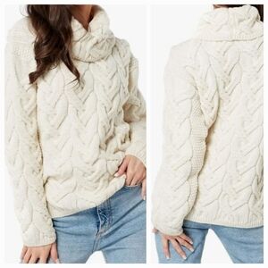ARAN WOOLEN MILLS MERINO WOOL CABLE KNIT TURTLENECK COWL SWEATER MED LARGE CREAM
